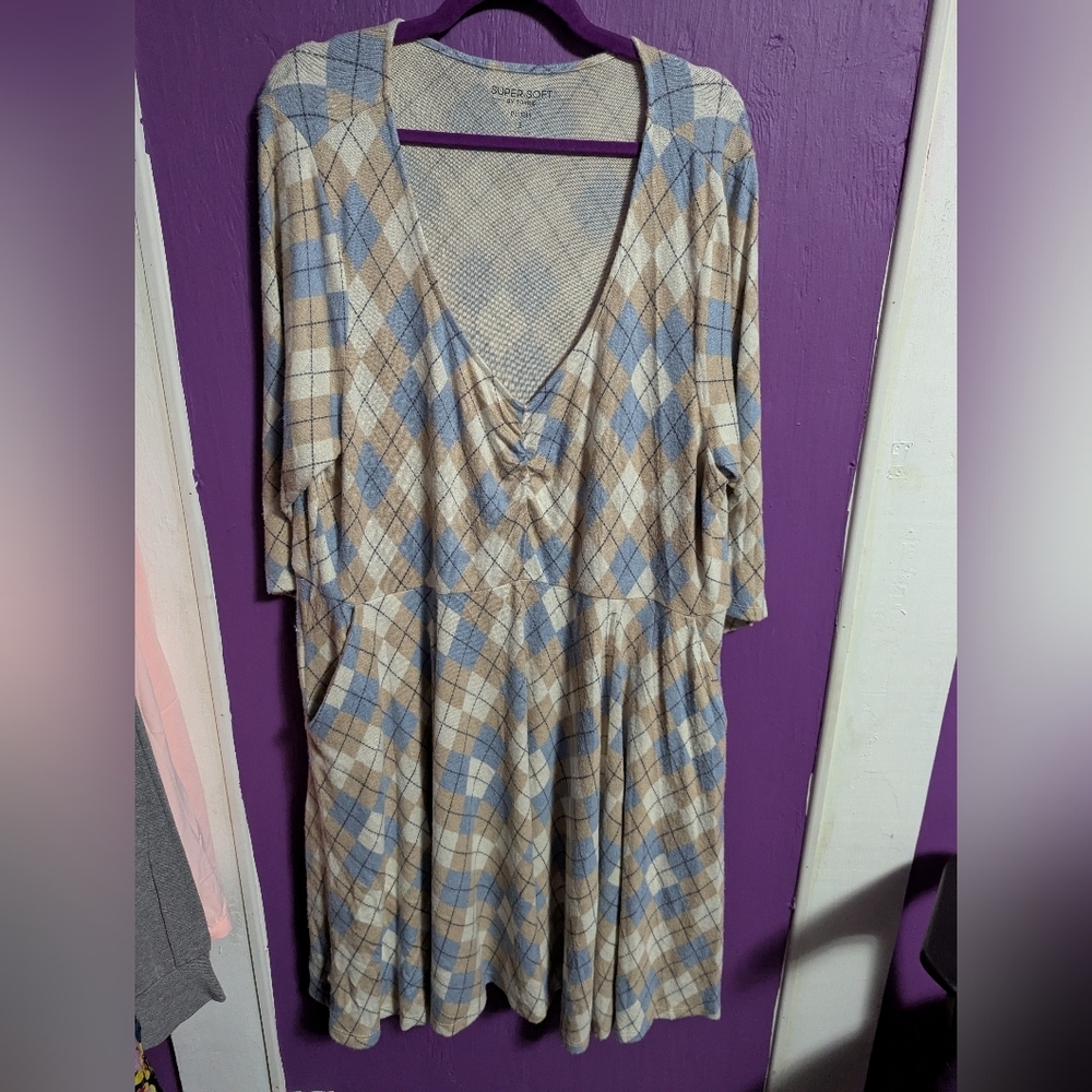 Torrid Super Soft Plush Blue Tan Plaid Skater Midi Dress Pockets 3X 22 24 - Picture 3 of 5